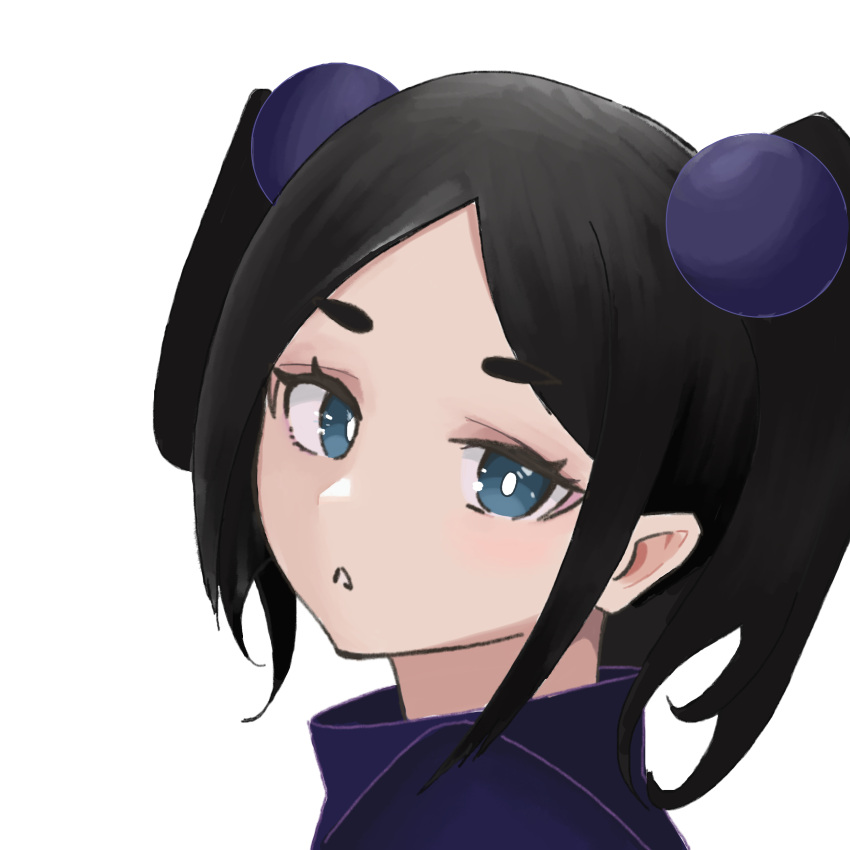 1girl, 3ene3, absurdres, black_hair, blue_eyes, futoku_no_guild, highres, short_hair, short_twintails, tokishikko_dana, twintails, white_background