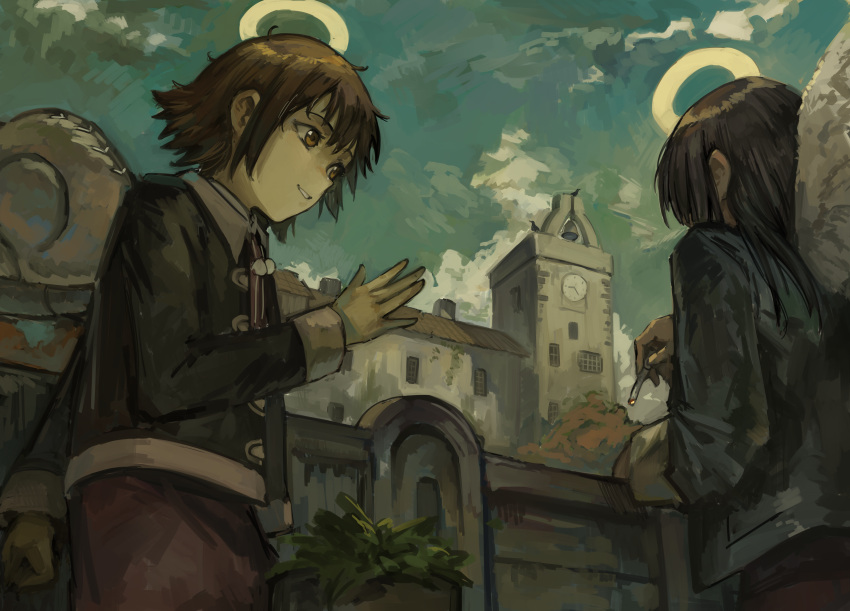 absurdres, black_hair, black_jacket, brown_eyes, brown_hair, cigarette, clock, clouds