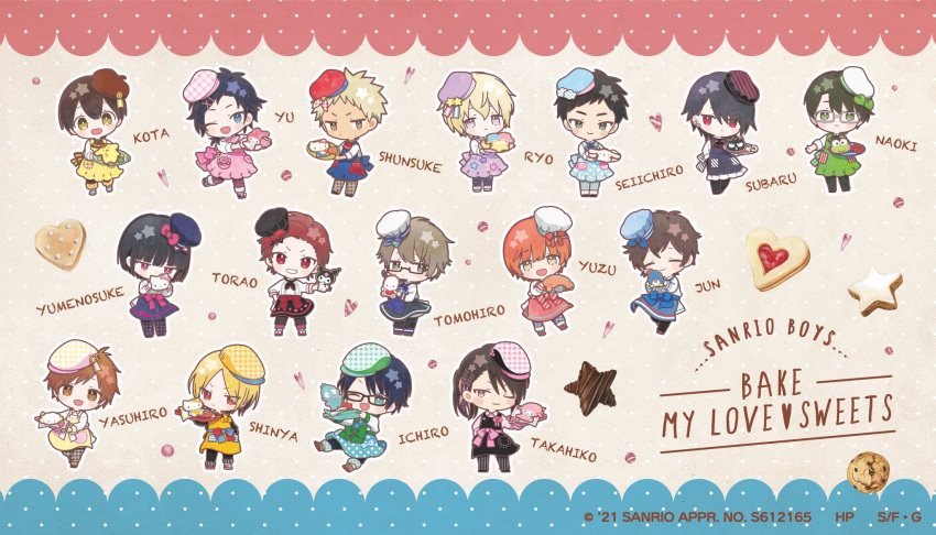 6+boys, amagaya_subaru, apron, artist_request, badtz-maru, beret, black_apron, black_hair, blonde_hair, blue_apron, blue_eyes, brown_hair, chef_hat, chibi, chocolate, cinnamoroll, closed_eyes, closed_mouth, cogimyun, cookie, dots, dotted_background, food, fujita_jun, green_apron, green_eyes, hagura_torao, hangyodon, hasegawa_kouta, hat, heart_shaped_cookie, hello_kitty, highres, holding, holding_plate, itonaga_ichiro, kashiwagi_tomohiro, kero_kero_keroppi, kiki_(little_twin_stars), kirimichan, koga_yasuhiro, kuromi, lala_(little_twin_stars), little_twin_stars, looking_away, looking_back, looking_down, looking_to_the_side, mimmy_(hello_kitty), minamoto_seiichirou, mizuno_yuu, multiple_boys, my_melody, my_sweet_piano, newsboy_hat, nishimiya_ryou, ogata_takahiko, open_mouth, open_smile, patterned, patterned_clothing, pink_apron, pink_eyes, plate, pochacco, pompompurin, purple_apron, red_eyes, redhead, sanrio, sanrio_danshi, smile, star-shaped_chocolate, star-shaped_cookie, sugami_naoki, toyohara_yumenosuke, translation_request, tuxedo_sam, umezaki_shinya, violet_eyes, wakano_yuzu, yellow_apron, yoshino_shunsuke