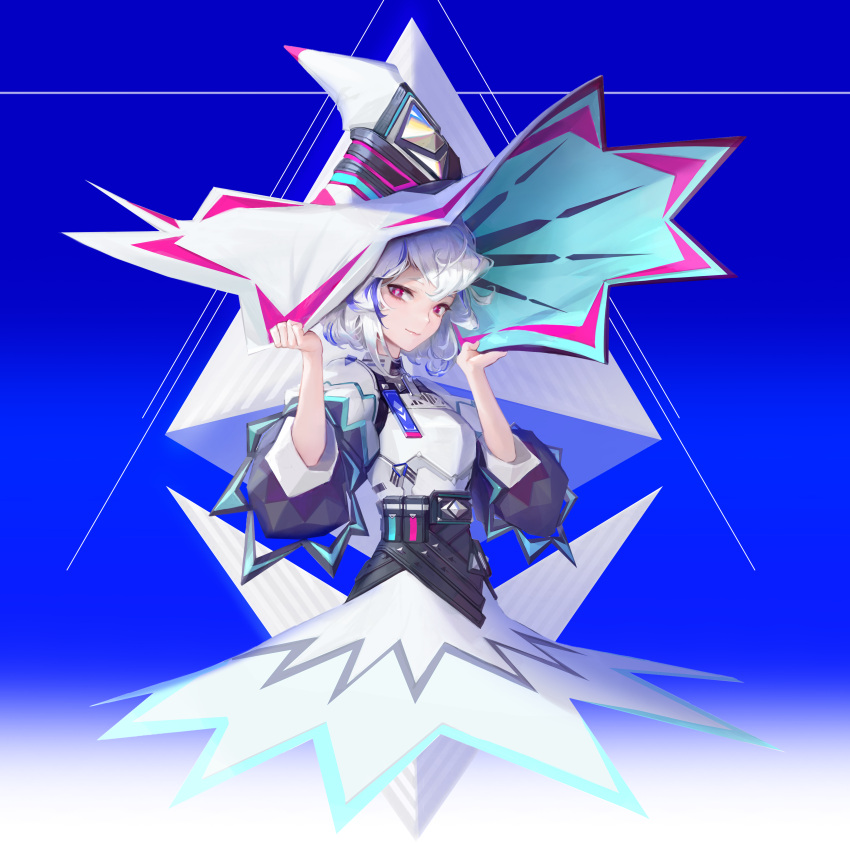 1girl, absurdres, blue_background, blue_hair, commentary, cowboy_shot, dated_commentary, english_commentary, hands_up, hat, highres, long_sleeves, multicolored_hair, original, smile, solo, streaked_hair, vexxxxa, violet_eyes, white_hair, witch_hat