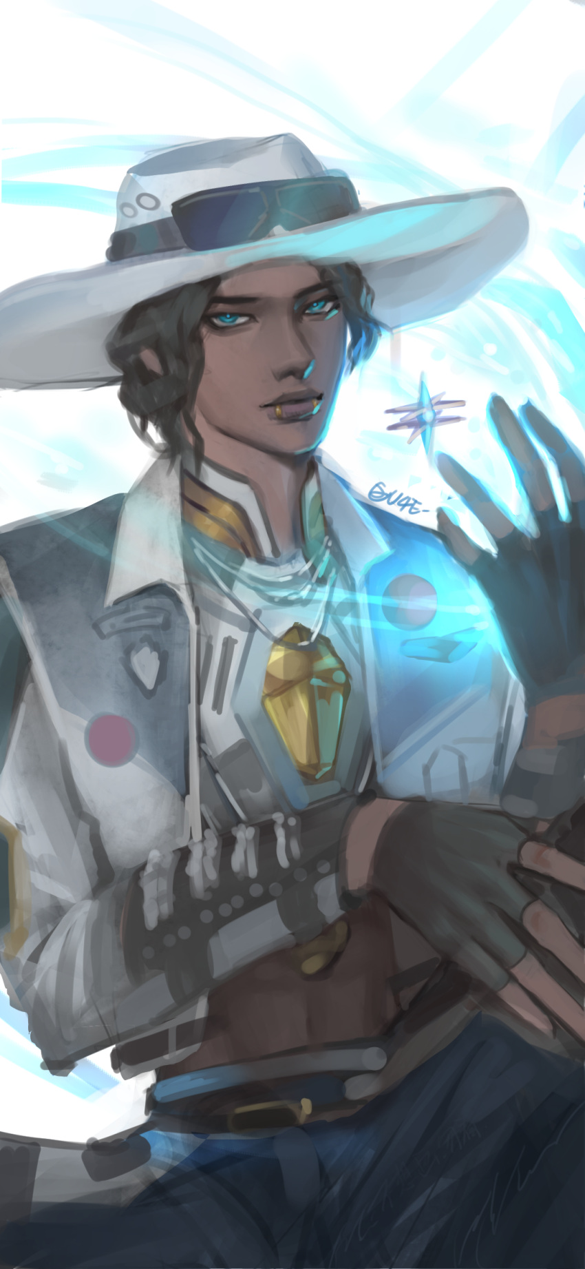 1boy, abs, aces_high_seer, apex_legends, black_gloves, black_hair, blue_eyes, blue_pants