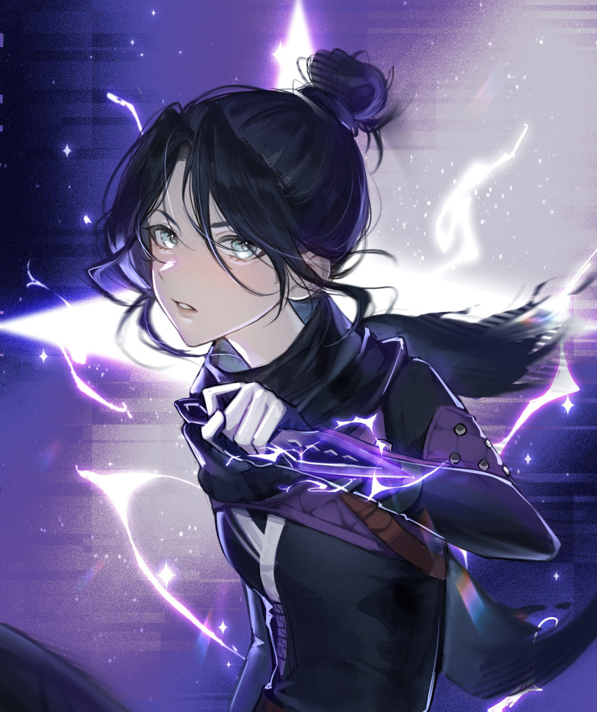 1girl, alternate_breast_size, animification, apex_legends, bangs, black_bodysuit, black_gloves, black_scarf