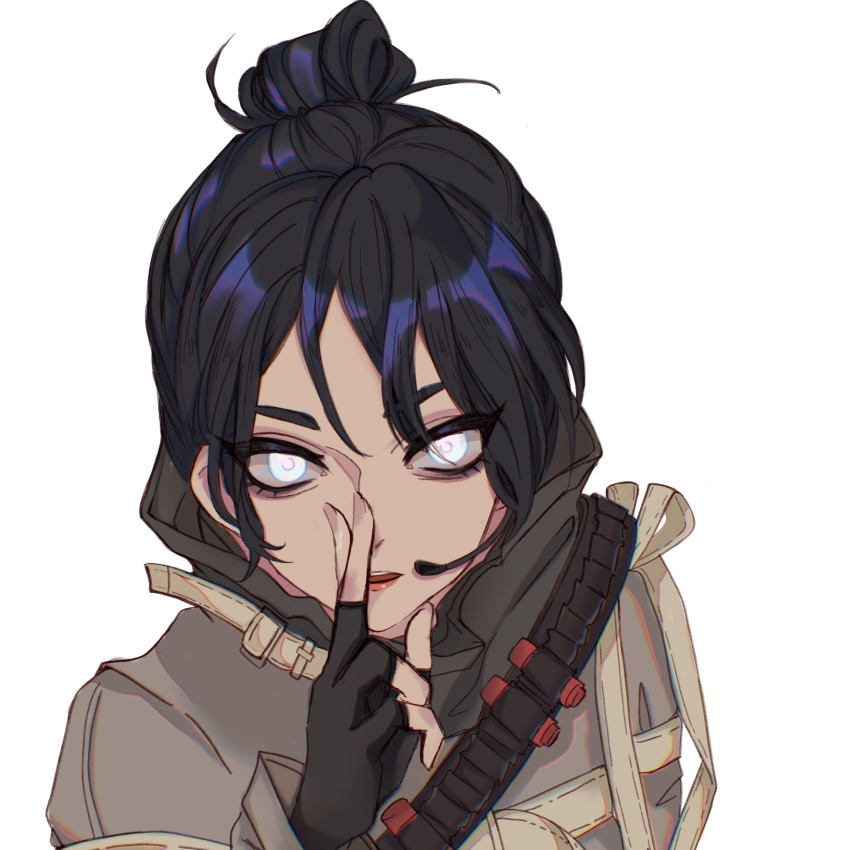 1girl, animification, apex_legends, black_gloves, black_hair, blue_eyes, chinese_commentary, commentary_typo, english_commentary, fingerless_gloves, gloves, hair_behind_ear, hair_bun, headset, highres, jacket, kuji-in, looking_at_viewer, mixed-language_commentary, official_alternate_costume, open_mouth, portrait, simple_background, single_hair_bun, solo, the_liberator_wraith, white_background, wraith_(apex_legends), ye_yezi