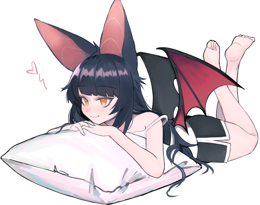 1girl, animal_ears, bangs, barefoot, bat_ears, bat_girl, bat_wings, black_hair, blunt_bangs, closed_mouth, heart, highres, indie_virtual_youtuber, kumaartsu, legs_up, long_hair, lying, monster_girl, moriko_kyoho, on_stomach, orange_eyes, pillow, simple_background, smile, solo, virtual_youtuber, white_background, wings