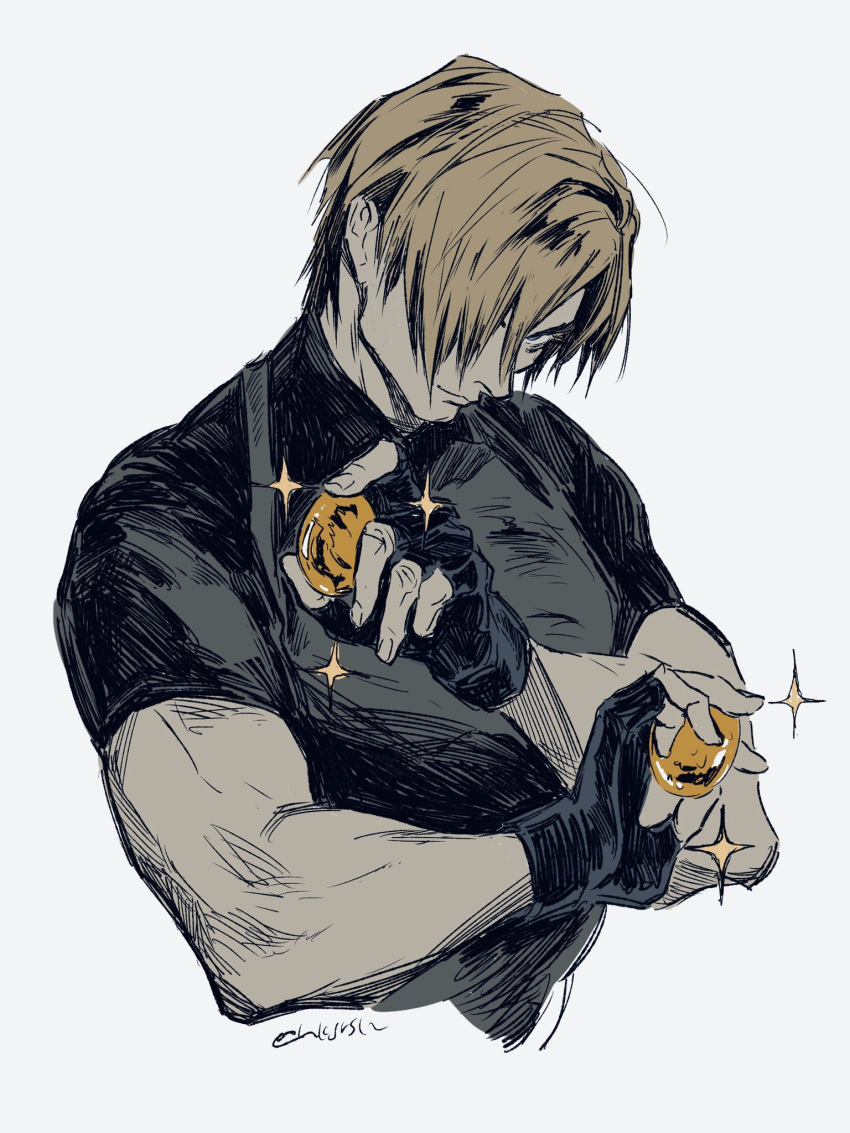 1boy, black_gloves, black_shirt, blonde_hair, fingerless_gloves, fune_(nkjrs12), gloves, grey_background