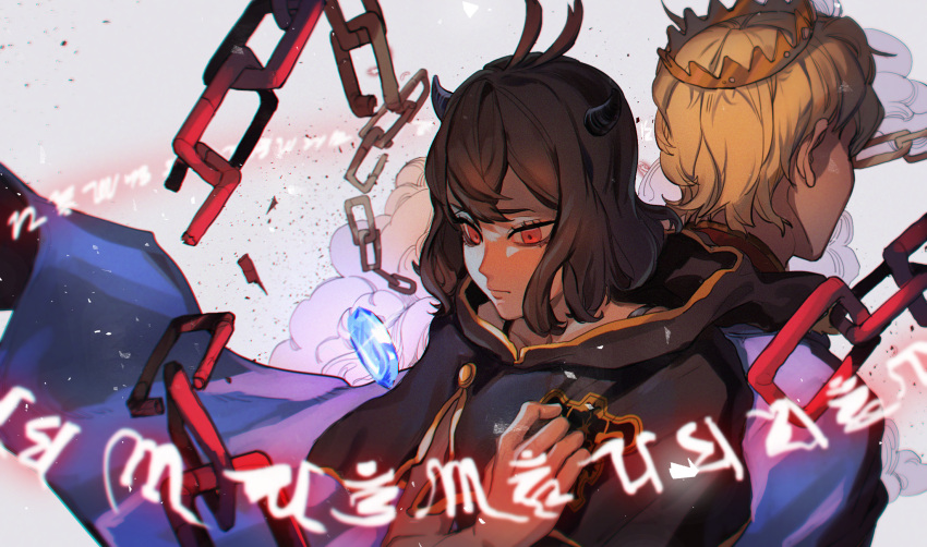 1boy, 1girl, antenna_hair, artist_name, black_bull_(emblem), black_capelet, black_clover, black_hair