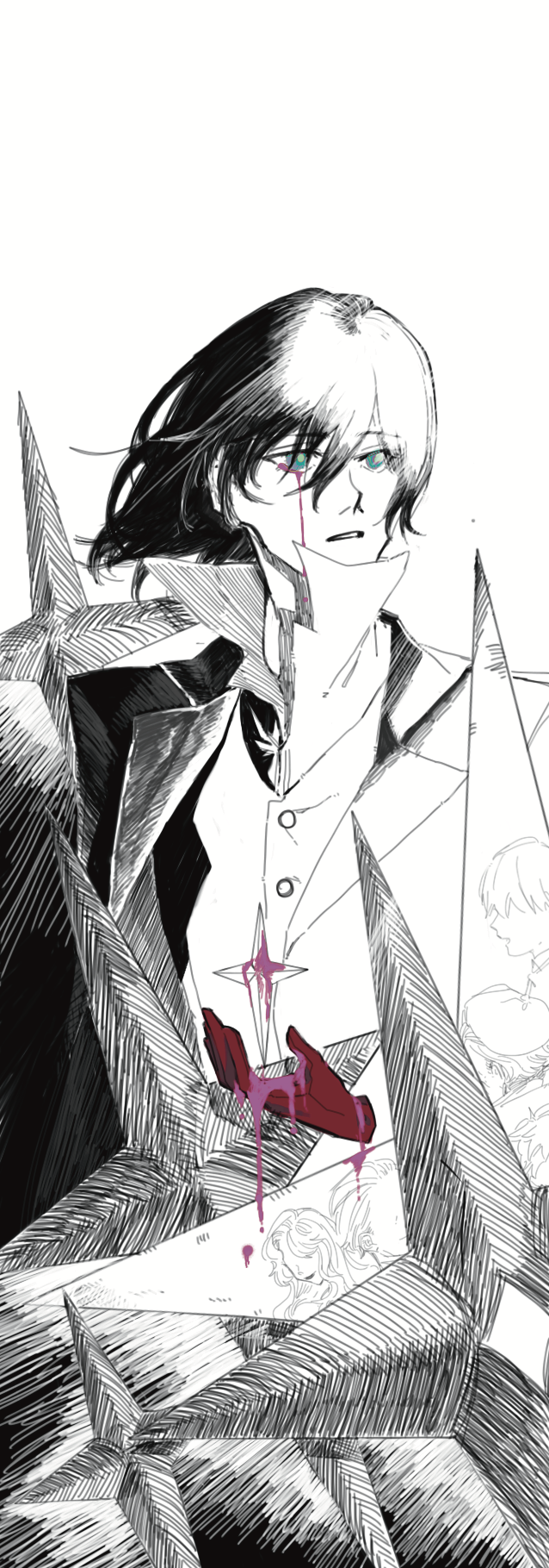 1boy, bangs, black_hair, blood, blood_from_eyes, blood_on_hands, chinese_commentary, commentary_request