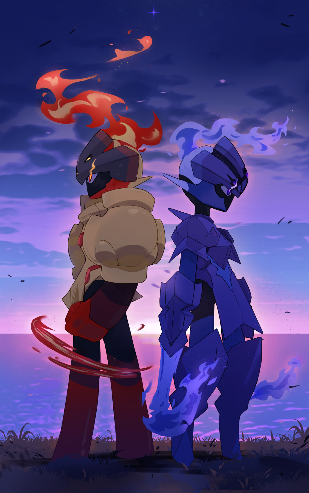 armarouge, ceruledge, clouds, commentary_request, eye_trail, fire, from_side, grass