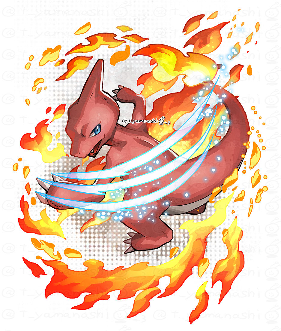 blue_eyes, charmeleon, claws, commentary_request, fang, fire, full_body, looking_back