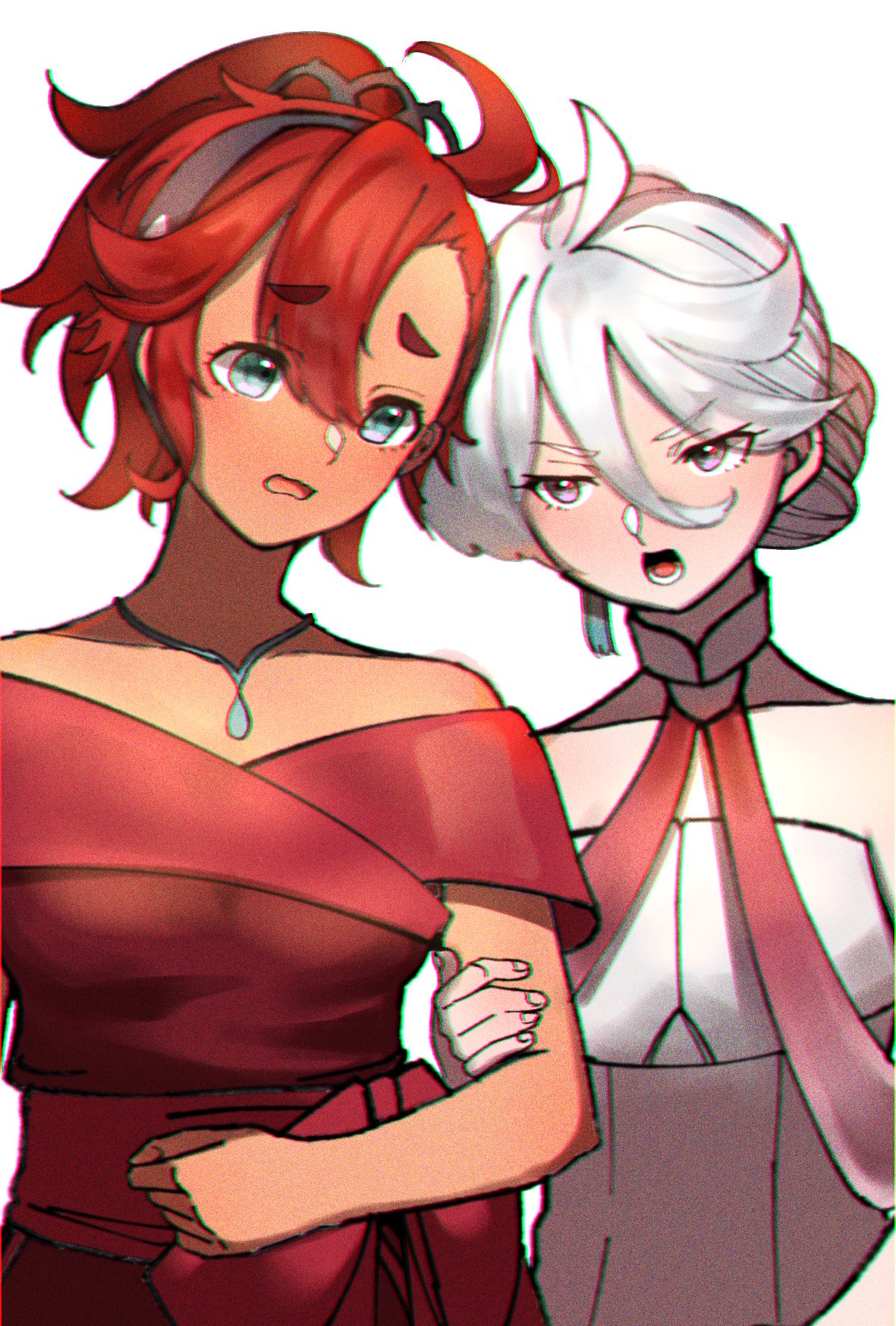 2girls, ahoge, black_hairband, blue_eyes, blush, grey_eyes, grey_hair, gundam, gundam_suisei_no_majo, hair_between_eyes, hairband, highres, long_hair, low_ponytail, miorine_rembran, multiple_girls, open_mouth, redhead, sakurada_akira, suletta_mercury, thick_eyebrows, yuri