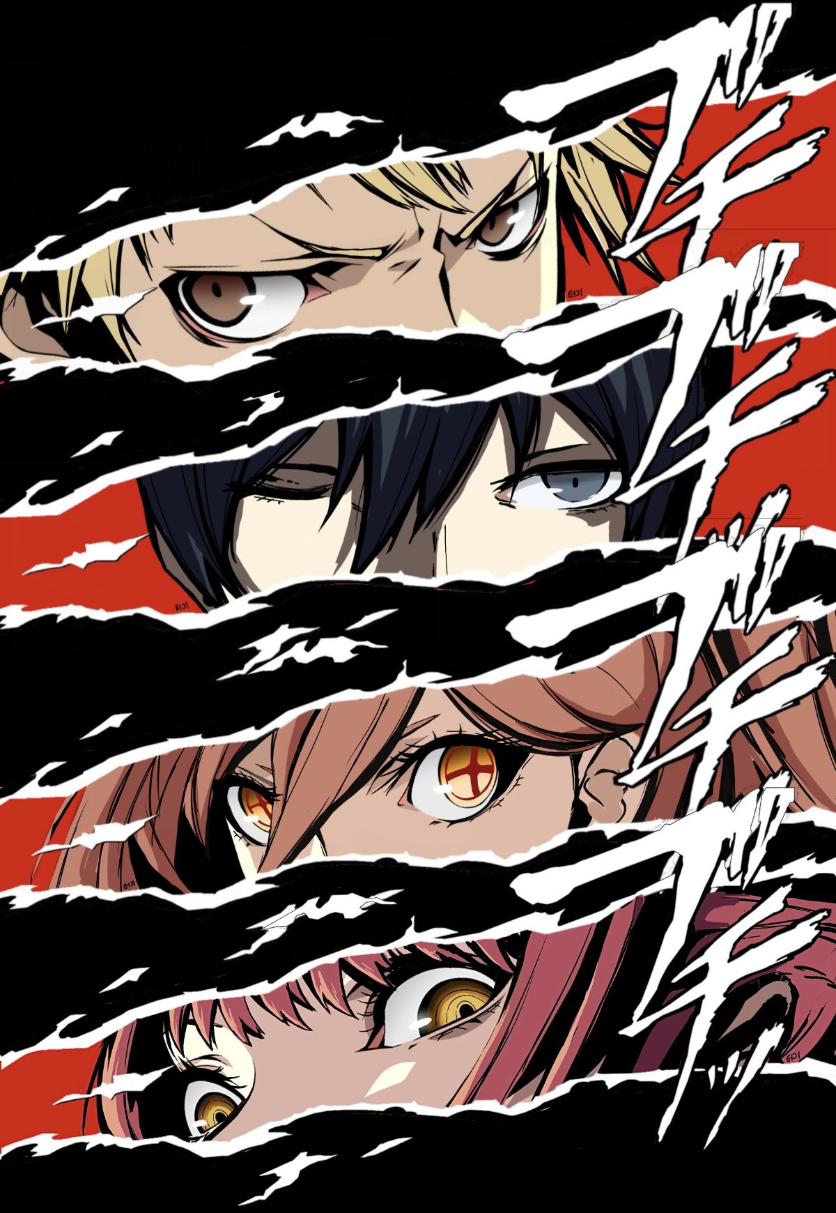 2boys, 2girls, blonde_hair, blue_eyes, chainsaw_man, cross-shaped_pupils, denji_(chainsaw_man), hair_between_eyes