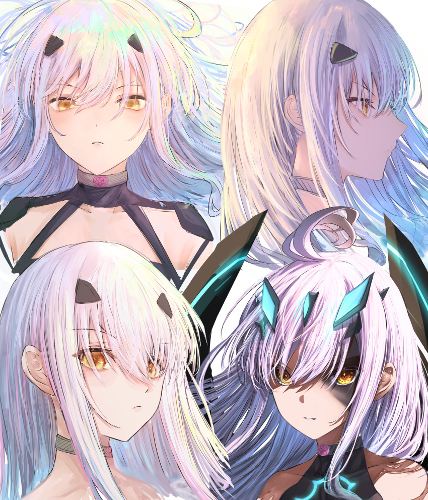 1girl, absurdres, close-up, fairy_knight_lancelot_(fate), fairy_knight_lancelot_(third_ascension)_(fate), fate/grand_order, fate_(series), forked_eyebrows, highres, long_hair, looking_at_viewer, multiple_views, sidelocks, simple_background, upper_body, white_hair, yagi_(yagi5art), yellow_eyes