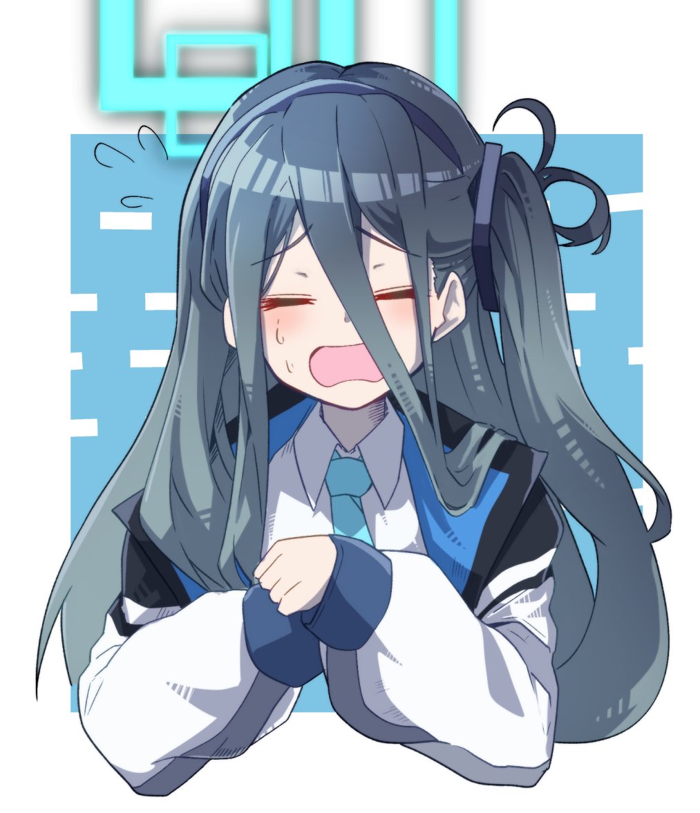 1girl, aris_(blue_archive), bangs, black_hair, black_hairband, blue_archive, blue_background, blue_necktie