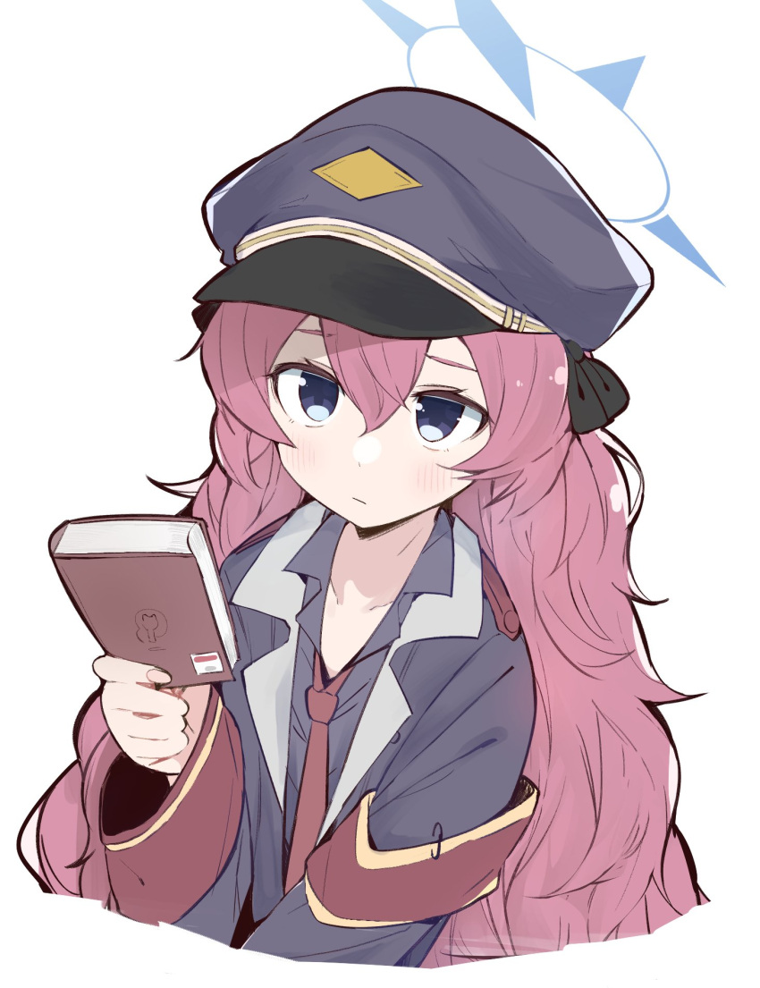 1girl, armband, black_jacket, blue_archive, blue_eyes, book, cksgd, closed_mouth, collared_shirt, cropped_torso, hair_between_eyes, halo, hat, highres, holding, holding_book, iroha_(blue_archive), jacket, light_blush, long_hair, long_sleeves, looking_at_viewer, military_hat, military_jacket, necktie, open_clothes, open_jacket, red_necktie, redhead, safety_pin, shirt, simple_background, solo, upper_body, white_background, wide_sleeves