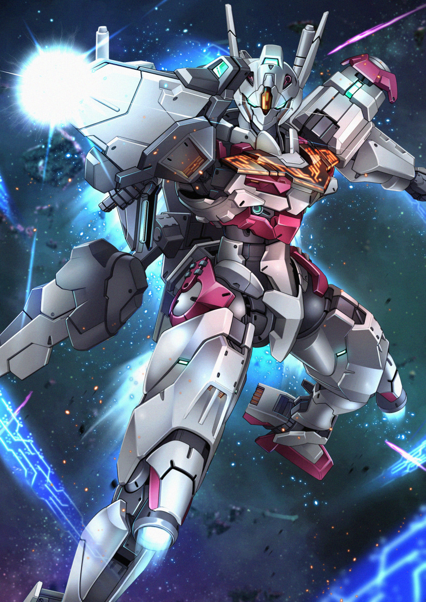 ayato_mabu, beam_rifle, commentary, energy_gun, exhaust, firing, green_eyes, gun