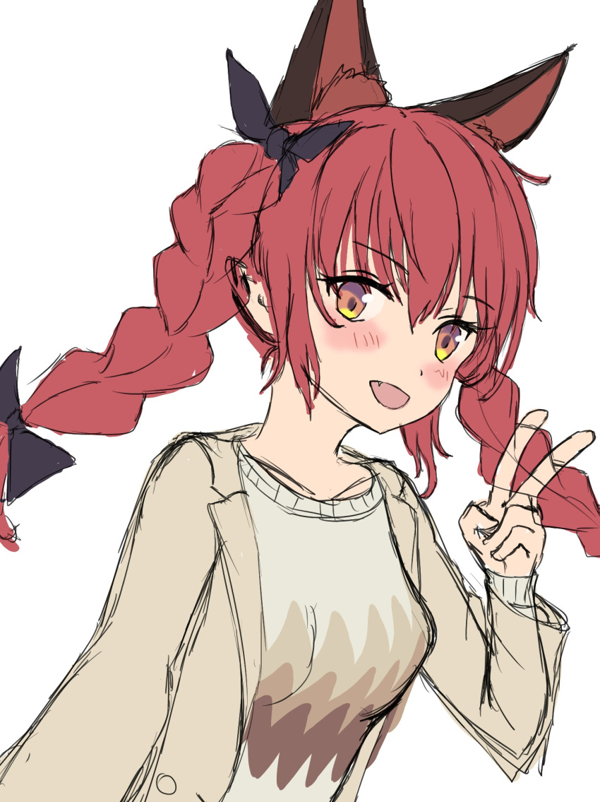 1girl, alternate_costume, animal_ears, black_bow, bow, braid, cat_ears, fang