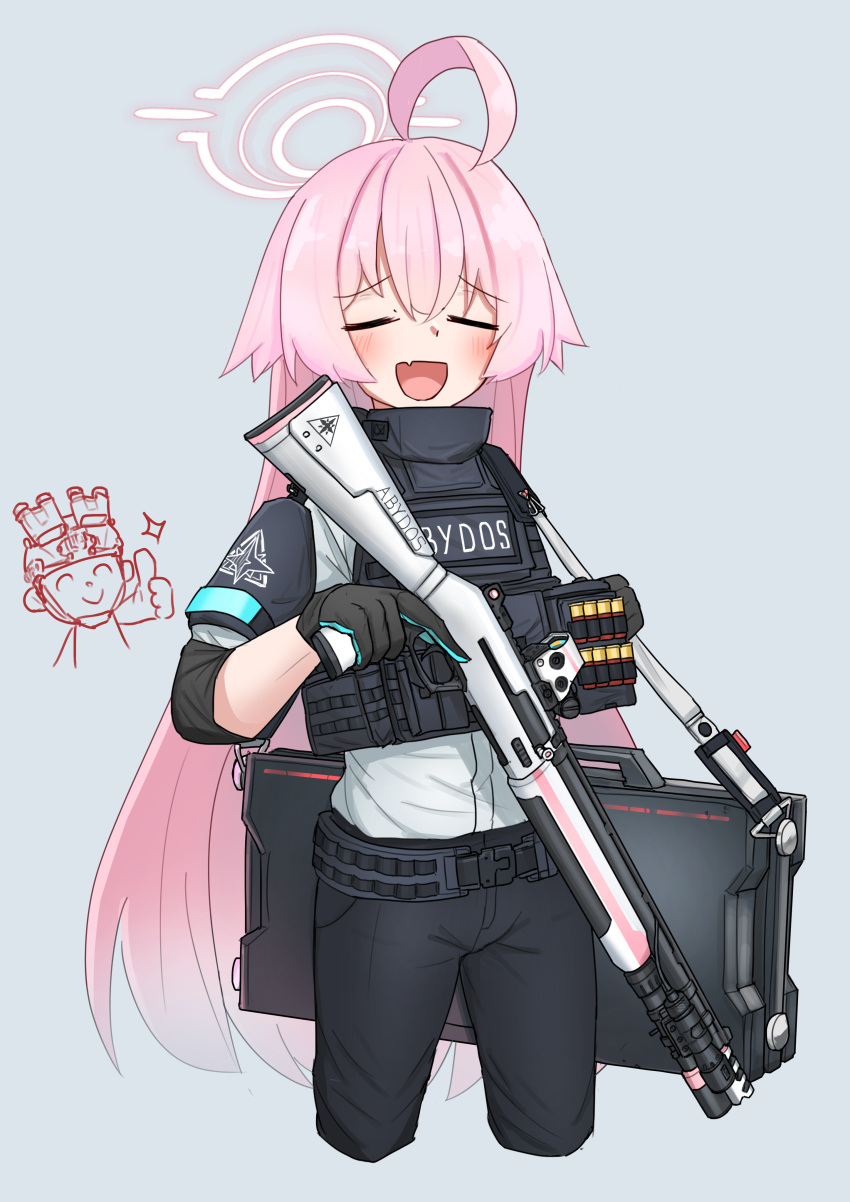 1girl, absurdres, ahoge, black_gloves, black_pants, blue_archive, blush, closed_eyes, cropped_legs, fang, gloves, grey_background, gun, halo, highres, holding, holding_gun, holding_weapon, hoshino_(blue_archive), load_bearing_vest, long_hair, night_vision_device, open_mouth, pants, pink_hair, plate_carrier, scope, sensei_(blue_archive), shirt, shirt_tucked_in, shotgun, shotgun_shell, simple_background, skin_fang, smile, solo_focus, srtdrawart, suitcase, tactical_clothes, thumbs_up, weapon, white_shirt