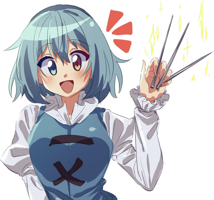 1girl, :d, between_fingers, blue_eyes, blue_hair, breasts, cross-laced_clothes, hayashida_chiyo, heterochromia, highres, holding, juliet_sleeves, long_sleeves, looking_at_viewer, open_mouth, puffy_sleeves, red_eyes, shirt, short_hair, simple_background, smile, solo, star_(symbol), tatara_kogasa, touhou, upper_body, white_background, white_shirt