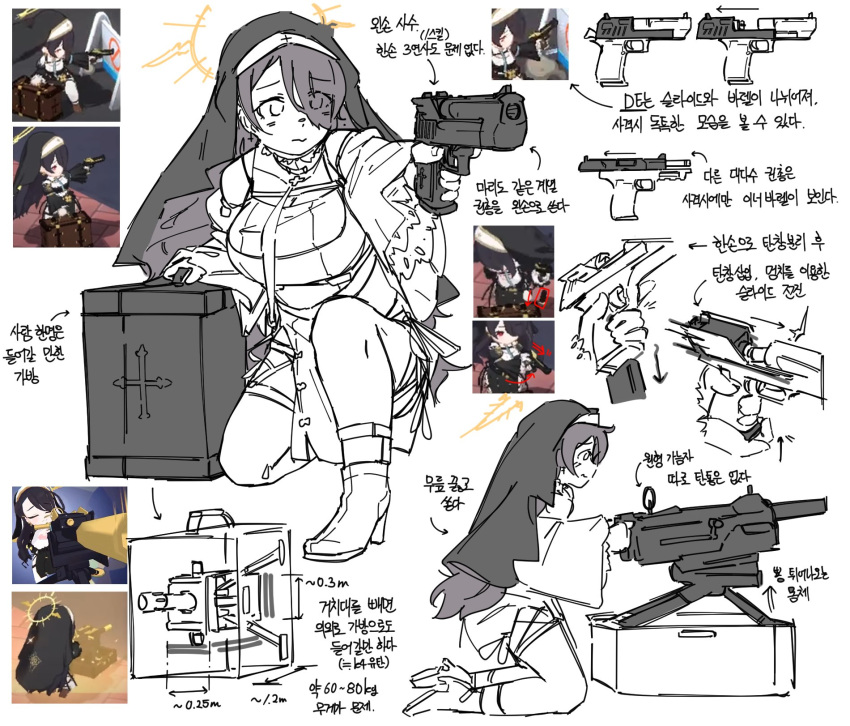 1girl, aiming, bangs, blue_archive, breasts, closed_mouth, cross, cross_necklace