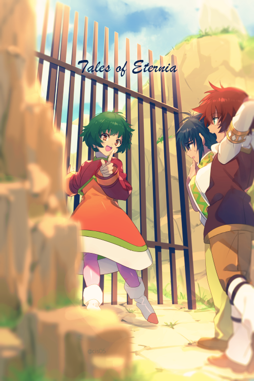 1girl, 2boys, :d, aged_down, blue_hair, clouds, dress, echo_(circa)