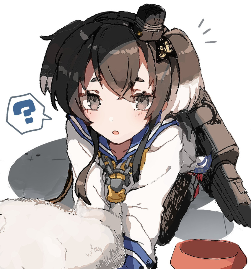 1girl, ?, all_fours, anchor_ornament, black_hair, blue_sailor_collar, bowl, brown_eyes