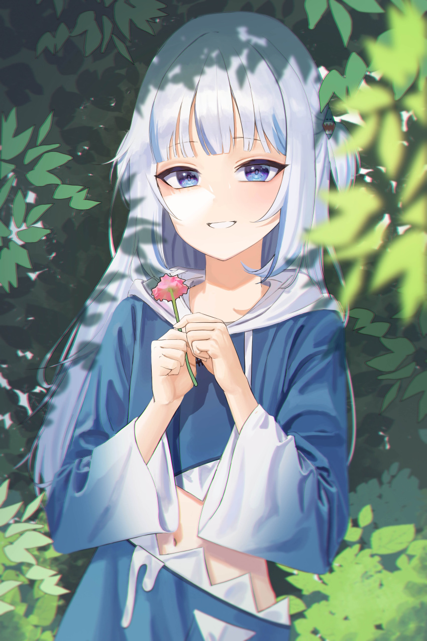 1girl, absurdres, animal_hood, bangs, blue_eyes, blue_hair, blunt_bangs, blurry