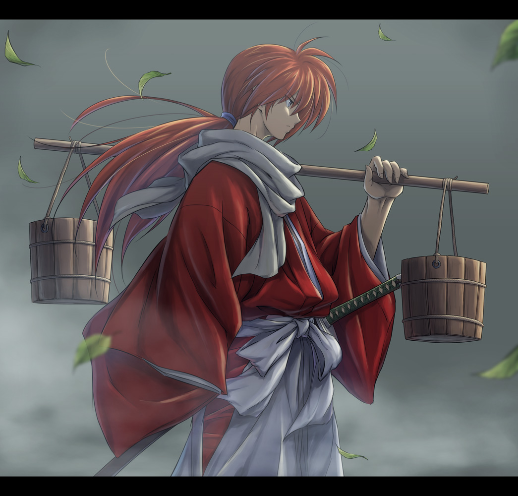 1boy, blue_eyes, bucket, falling_leaves, fog, hakama, himura_kenshin, itouei