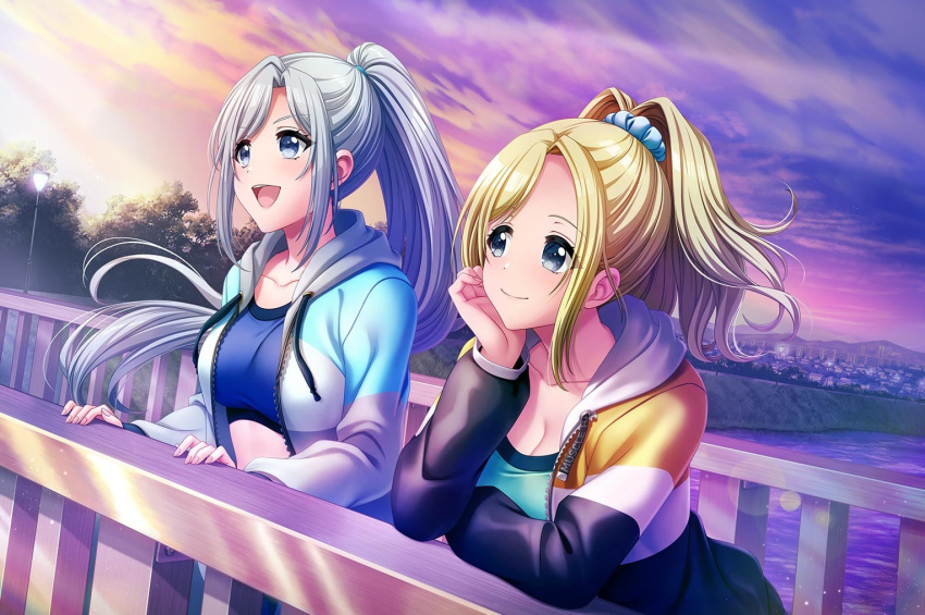 blonde_hair, blue_eyes, blush, d4dj, jacket, long_hair, ponytail, sasago_jennifer_yuka
