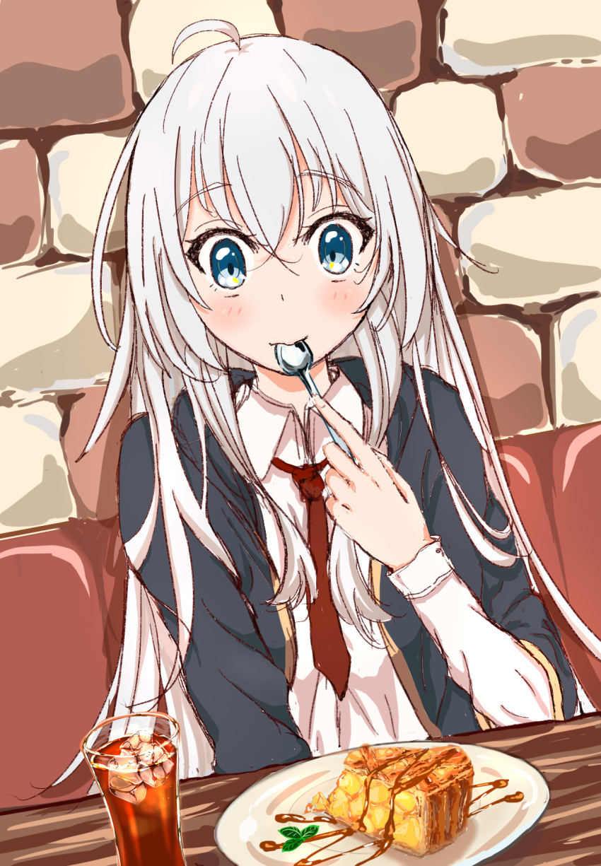 1girl, ahoge, apple_pie, bangs, black_coat, black_tea, blue_eyes, blush