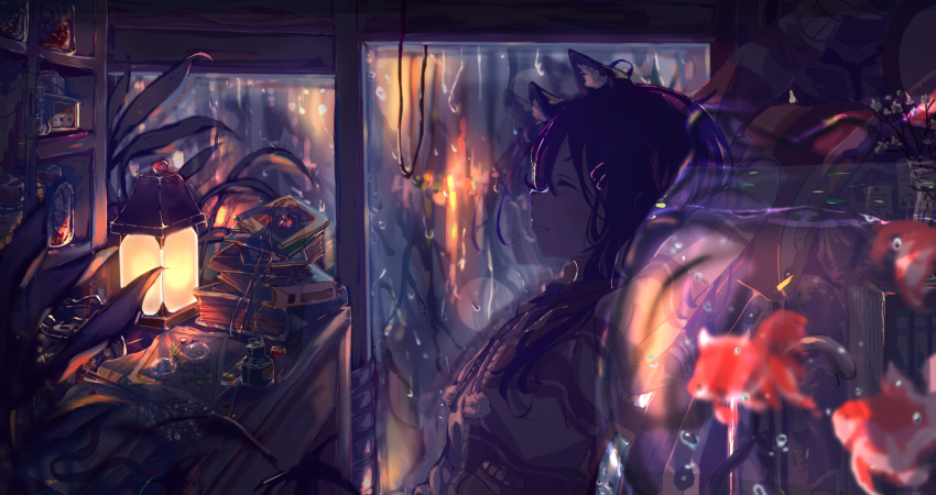 1girl, animal_ears, bangs, black_hair, blush, book, book_stack, brown_jacket