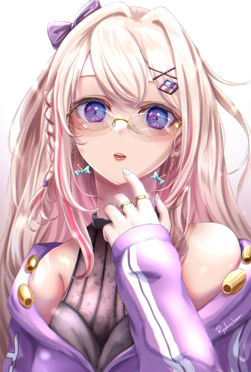 1girl, artist_name, bangs, bare_shoulders, blue_eyes, bow, bow_earrings, braid, diamond_hair_ornament, earrings, finger_to_mouth, glasses, gradient, gradient_background, hair_bow, hair_intakes, hair_ornament, hairclip, highres, indie_virtual_youtuber, jacket, jewelry, light_blush, light_brown_hair, lips, long_hair, long_sleeves, looking_at_viewer, misumi_no_harawata, multicolored_hair, pink_hair, purple_bow, purple_jacket, ring, ryoku_illus, semi-rimless_eyewear, signature, sleeves_past_wrists, solo, streaked_hair, teeth, two-tone_hair, under-rim_eyewear, upper_teeth, virtual_youtuber, watagashi_unou, white_background, white_nails, x_hair_ornament, yellow-framed_eyewear