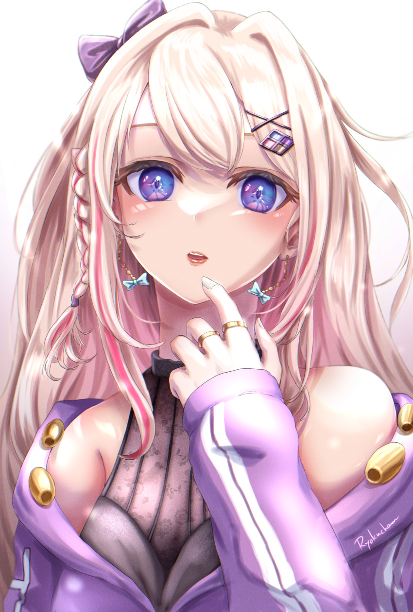 1girl, artist_name, bangs, bare_shoulders, blue_eyes, bow, bow_earrings, braid, diamond_hair_ornament, earrings, finger_to_mouth, gradient, gradient_background, hair_bow, hair_intakes, hair_ornament, hairclip, highres, indie_virtual_youtuber, jacket, jewelry, light_blush, light_brown_hair, lips, long_hair, long_sleeves, looking_at_viewer, misumi_no_harawata, multicolored_hair, pink_hair, purple_bow, purple_jacket, ring, ryoku_illus, signature, sleeves_past_wrists, solo, streaked_hair, teeth, two-tone_hair, upper_teeth, virtual_youtuber, watagashi_unou, white_background, white_nails, x_hair_ornament
