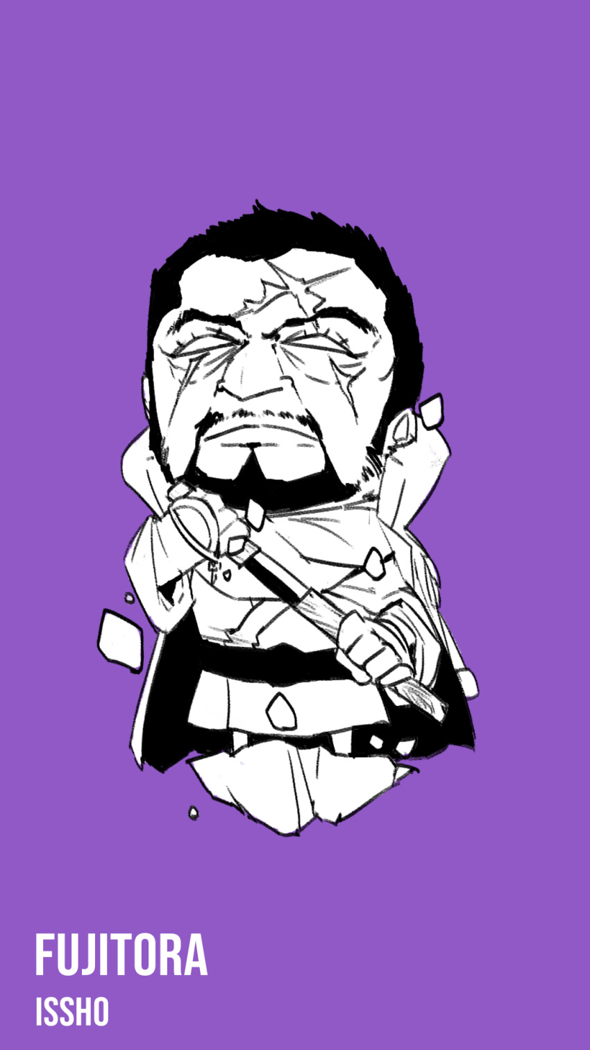 1boy, beard, blacknirrow, blank_eyes, character_name, chibi, clenched_hands, closed_mouth