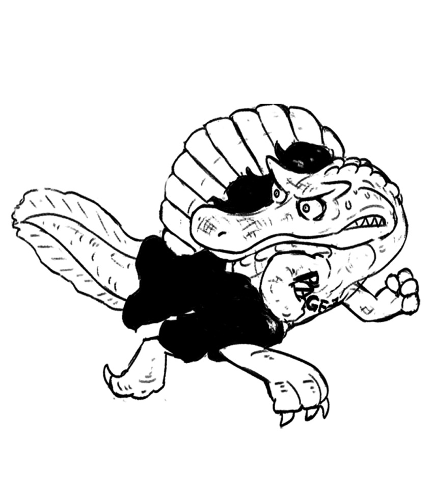 animal, animal_focus, asymmetrical_hair, blacknirrow, body_writing, character_name, chibi, claws, clenched_hand, clenched_teeth, clothed_animal, commentary, constricted_pupils, dinosaur, english_commentary, english_text, full_body, greyscale, hand_up, highres, looking_to_the_side, monochrome, no_humans, one_piece, page_one_(one_piece), sharp_teeth, shirt, short_hair, simple_background, sketch, solo, spinosaurus, sweat, teeth, undercut, white_background