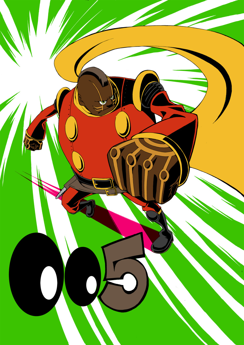 cyborg_009, dark_skin, fighting_stance, foreshortening, geronimo_jr, highres, kadokuni_daisuke, mohawk, perspective, scarf, solo