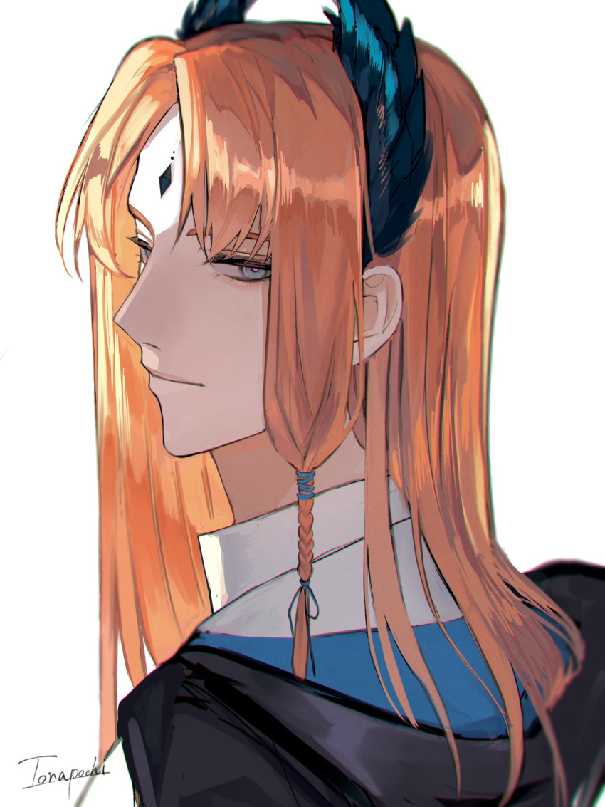 1boy, arknights, artist_name, bangs, blue_eyes, braid, forehead_jewel, from_side, head_wings, highres, hood, hood_down, jacket, light_smile, long_hair, looking_at_viewer, looking_to_the_side, male_focus, orange_hair, parted_bangs, passenger_(arknights), pink_pupils, portrait, side_braid, simple_background, solo, torapochi3, white_background, white_jacket