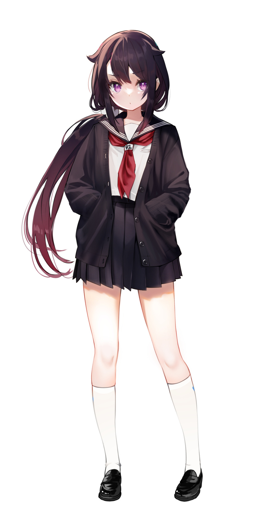 1girl, :/, absurdres, bangs, black_footwear, black_jacket, black_sailor_collar, black_skirt