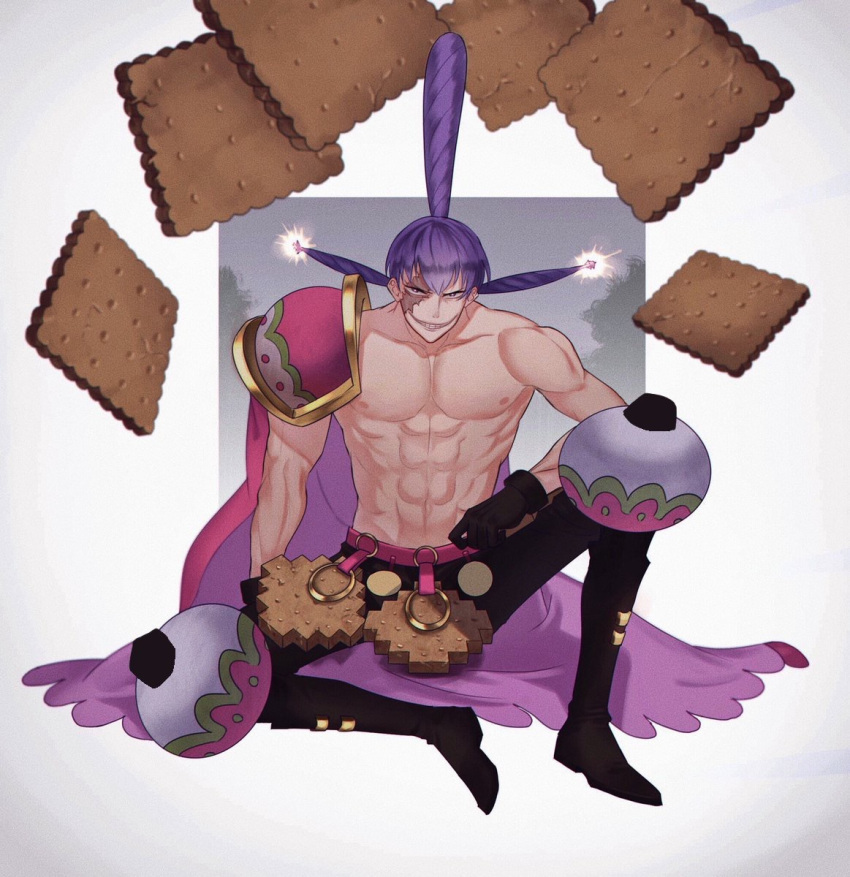 1boy, abs, armor, bangs, belt, black_gloves, black_pants, boots, border, burn_scar, cape, charlotte_cracker, collarbone, cookie, food, full_body, gloves, grey_border, grin, happy, highres, knee_boots, knee_up, looking_at_viewer, male_focus, navel, nipples, one_piece, outside_border, pants, pectorals, purple_cape, purple_hair, sasamiman, scar, scar_across_eye, scar_on_face, short_hair, shoulder_armor, sitting, smile, solo, sparks, spread_legs, stomach, teeth, toned, topknot, topless_male, twintails, violet_eyes