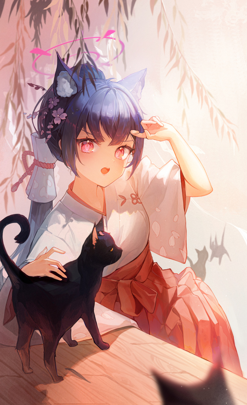1girl, absurdres, animal, animal_ear_fluff, animal_ears, bangs, bare_tree, black_cat