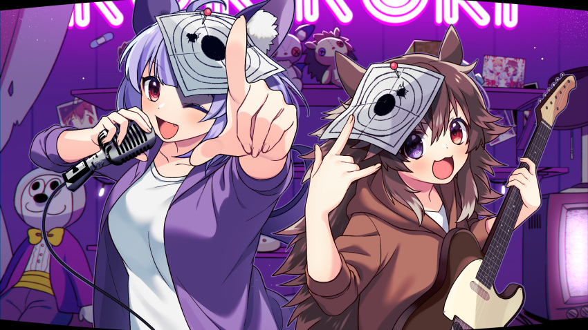 2girls, \m/, ahoge, animal_ear_fluff, animal_ears, bangs, breasts, brown_hoodie, collarbone, commission, copyright_request, electric_guitar, flat_screen_tv, guitar, hair_between_eyes, hand_up, heterochromia, highres, holding, holding_instrument, holding_microphone, hood, hood_down, hoodie, instrument, jacket, long_sleeves, looking_at_viewer, medium_breasts, microphone, multiple_girls, open_clothes, open_jacket, pointing, pointing_at_viewer, purple_hair, purple_jacket, red_eyes, roki_(vocaloid), sakura_chiyo_(konachi000), shirt, stuffed_animal, stuffed_toy, target, television, upper_body, violet_eyes, virtual_youtuber, white_shirt