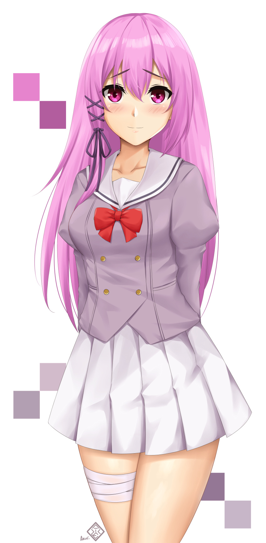 1girl, absurdres, arcie_albano, artist_logo, bandaged_leg, bandages, bow, breasts