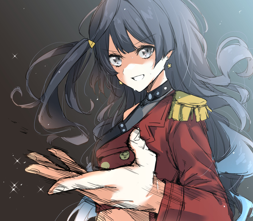 1girl, absurdres, bangs, black_hair, dive!_(love_live!), earrings, grey_eyes, grin