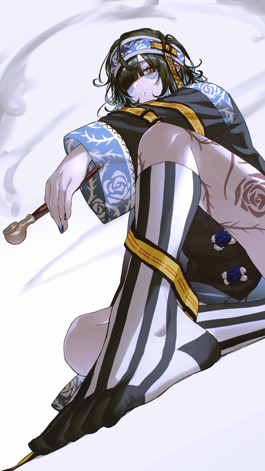 1girl, absurdres, bags_under_eyes, bangs, black_hair, blue_flower, blue_rose, commission