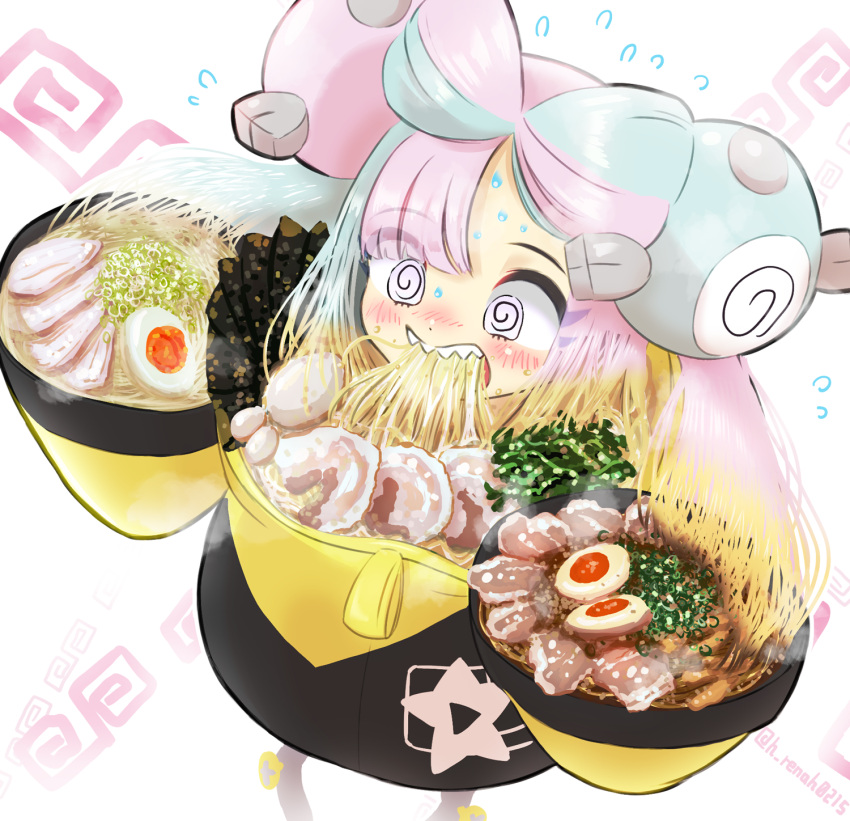1girl, @_@, bow-shaped_hair, bowl, character_hair_ornament, eating, food, h_renah