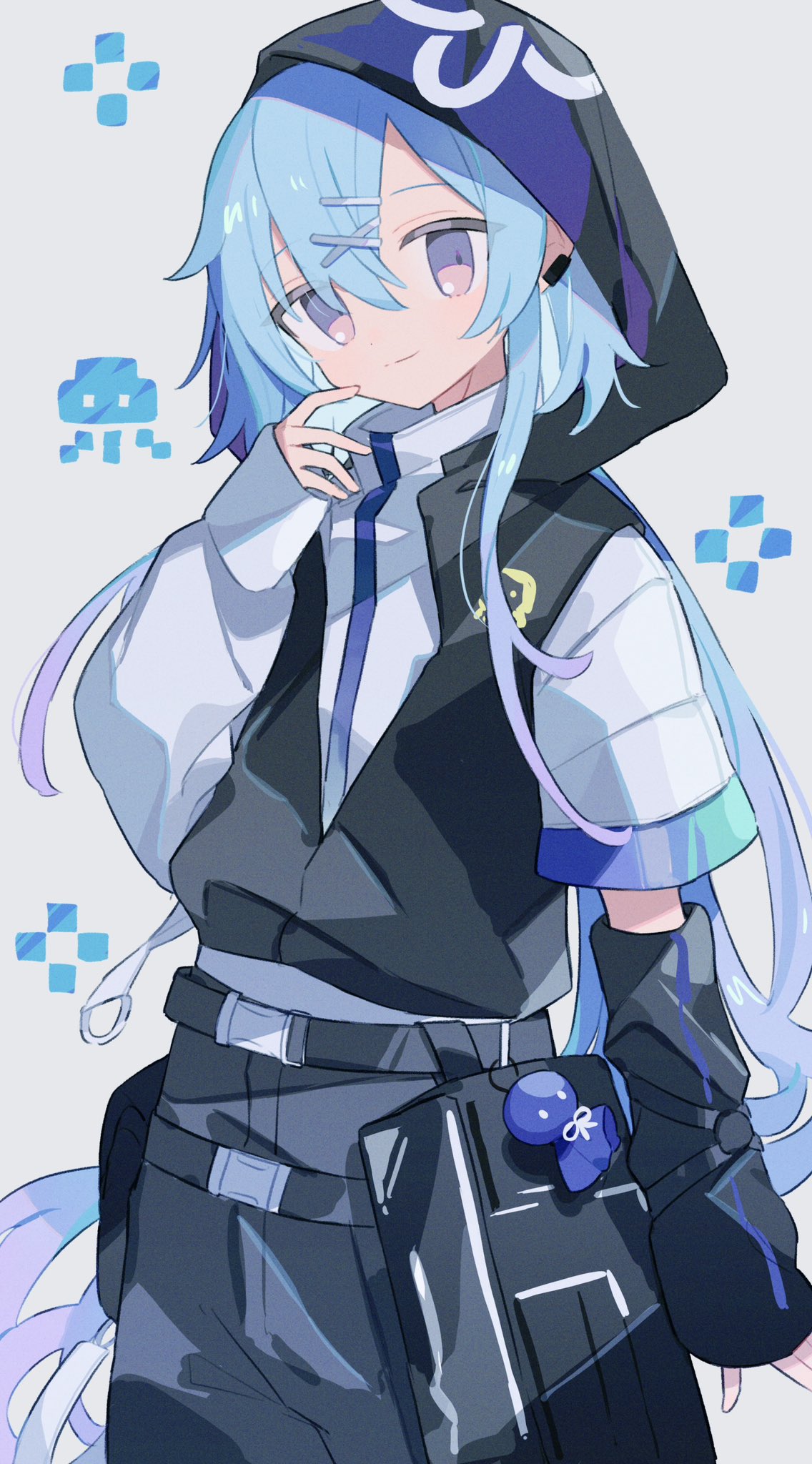 1boy, arknights, asymmetrical_sleeves, bangs, black_shorts, black_sleeves, black_vest, blue_hair