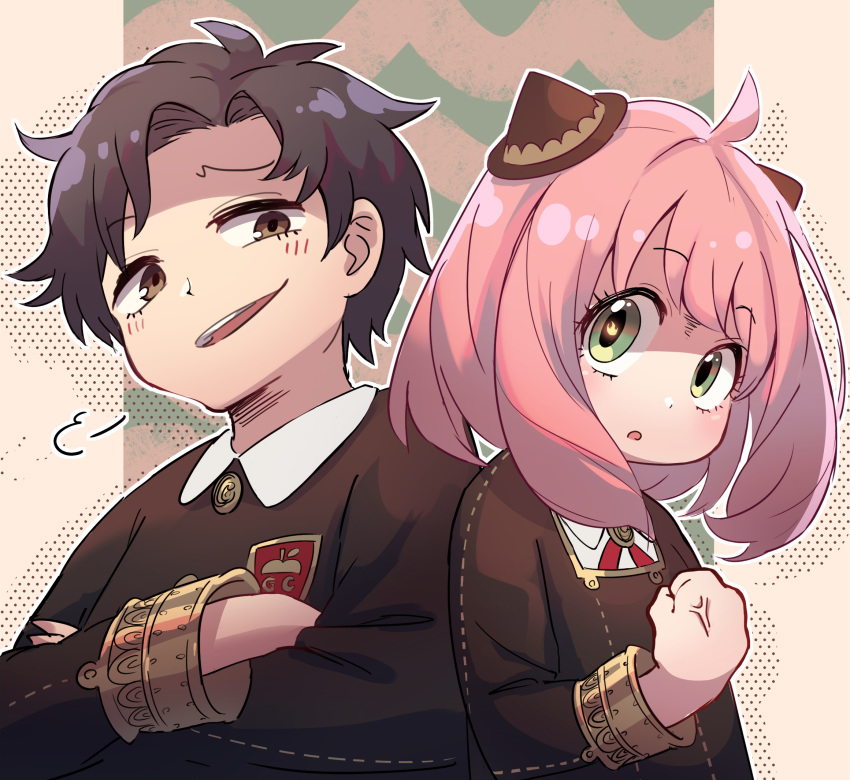 1boy, 1girl, :o, ahoge, anger_vein, anya_(spy_x_family), bangs, black_hair