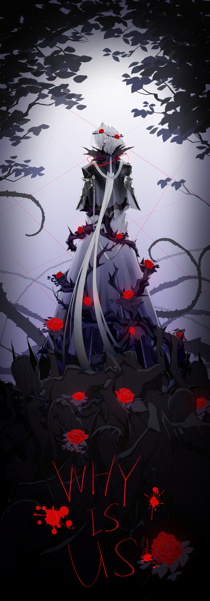 1girl, absurdres, arknights, blue_bow, bow, commentary_request, dress, ear_piercing, english_text, flower, flower_wreath, from_behind, glowing, grey_hair, hair_bow, head_wreath, highres, long_hair, mika-cecalesis, parted_lips, piercing, plant, pointy_ears, red_flower, red_rose, rose, sanguinarch_(arknights), see-through, solo, standing, thorns, very_long_hair, vines, white_dress