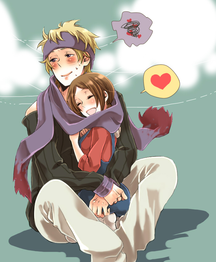 1girl, age_difference, blush, couple, happy, headband, heart, height_difference