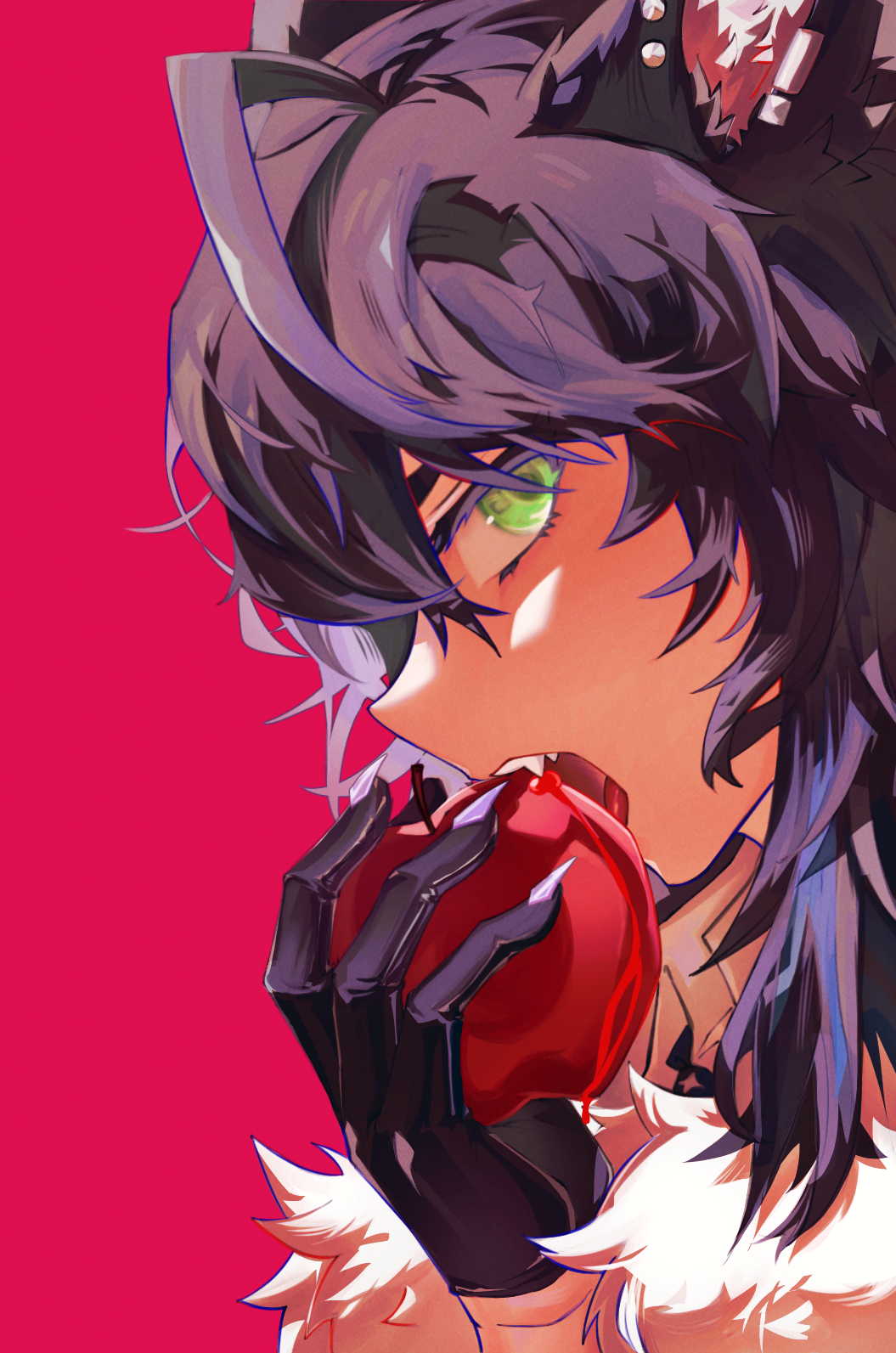 1boy, ahoge, animal_ears, apple, arknights, bangs, black_gloves, collared_shirt