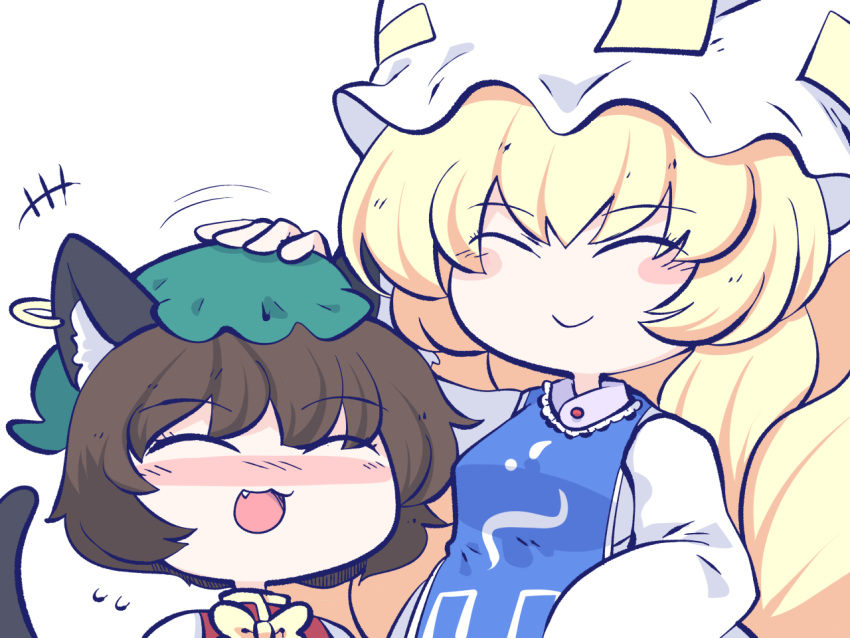 2girls, :3, :d, animal_ears, blonde_hair, blush, brown_hair, cat_ears